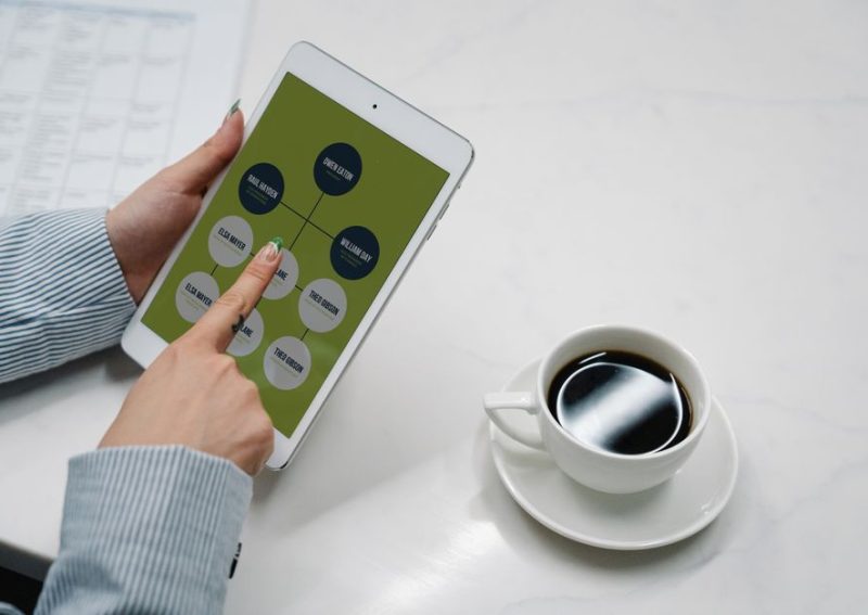 Hands holding a tablet with a diagram, next to a cup of black coffee on a desk, symbolizing modern work life.